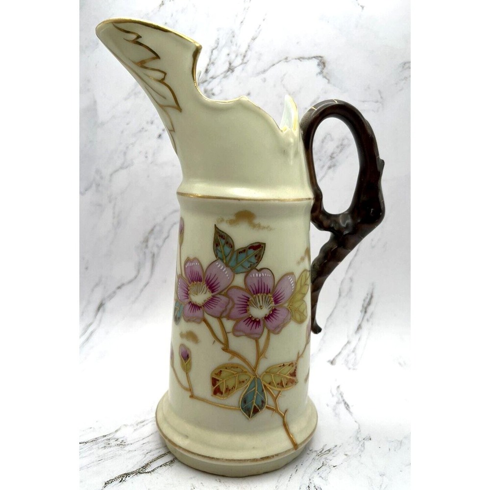 Victoria Carlsbad Austria 7.5"Pitcher W/ Hand Painted Pink Pansies Gold Trim VTG